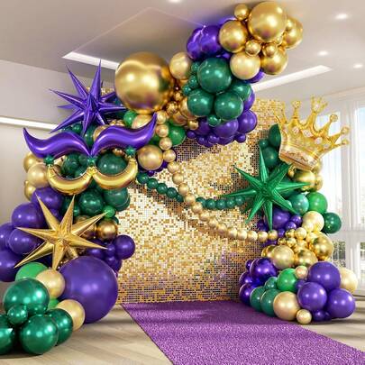 124pcs Carnival-Themed Balloon Arch Set, Includes Moon, Exploding Star, Crown, And Star Foil Balloons, As Well As Green, Purple, And Gold Latex Balloons. Perfect For Birthday Parties, Family Gatherings, Prom Decorations, Disco, Carnival, And Festival-Themed Party Supplies.
