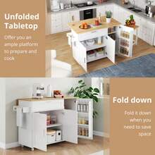 Large 132.5cm Mobile Kitchen Table With Foldable Countertop, Oak Wood Grain, Multifunctional Cabinet, Spice Rack, Towel Holder & 5 Lockable Casters For Kitchen Dining And Home Use - White + Natural Color - View 5