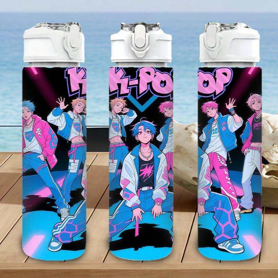 1pc 750ml/26oz Plastic Sports Water Bottle, Cute Printed Design, Leak-Proof With Pop-Up Lid, Ideal Gift For Outdoor Sports, Running, Birthday, Christmas, Halloween, Thanksgiving