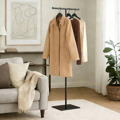 Heavy Duty T-Shaped Clothes Rail 175cm, Freestanding Metal Coat Stand With Stone Base, Stable Garment Rack Organiser For Coats, Clothes & Bags