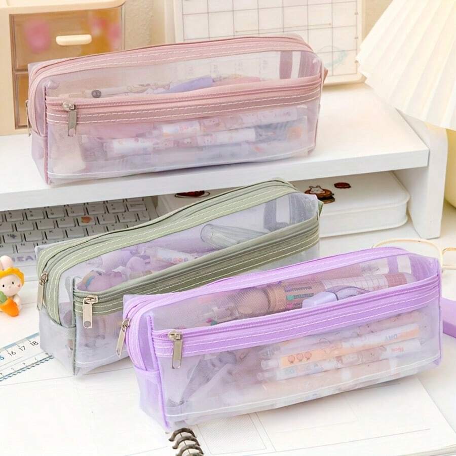 1pc Transparent Square Mesh Pencil Case, Minimalist Desk Organizer Bag, Large Capacity Cosmetic Brush Holder - Pencil Case - View 1