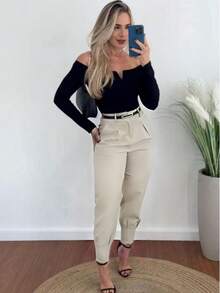 Women's High Waist Tailored Trousers With Casual And Formal Pleats - Màu be - Xem 9