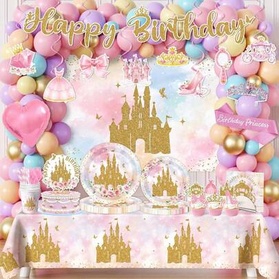 124pcs Princess-Themed Balloon Arch Set, Includes Heart-Shaped Foil Balloons And Pink, Purple, Yellow, Blue, And Gold Latex Balloons. Perfect For Birthday Parties, Baby Showers, First Birthday Parties, Proposal Decorations, And Sweet Princess Castle-Themed Parties.