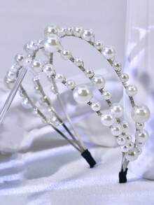 1件手工制作的优雅多层仿珍珠发箍，适合日常、派对、节日、舞会等场合佩戴。 - 銀色 - 查看 3