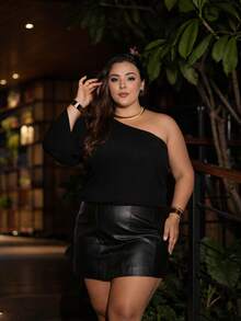 Women's Plus Size Brown One-Sleeve Blouse, Boho Style, Adjustable Elastic Waistband, Godet Sleeves, Cropped Top, Loose Fit, Casual And Elegant. - 黑色 - 查看 1