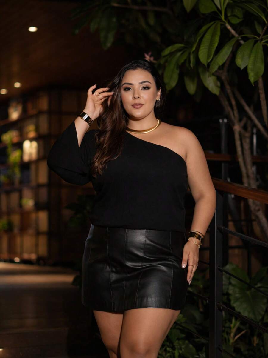 Women's Plus Size Brown One-Sleeve Blouse, Boho Style, Adjustable Elastic Waistband, Godet Sleeves, Cropped Top, Loose Fit, Casual And Elegant. - 黑色 - 查看 1