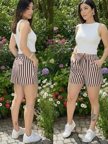 Striped Linen Shorts With Lined Pockets, Home, Beach, Night, Daily, Summer - Marrón Chocolate - Ver 2