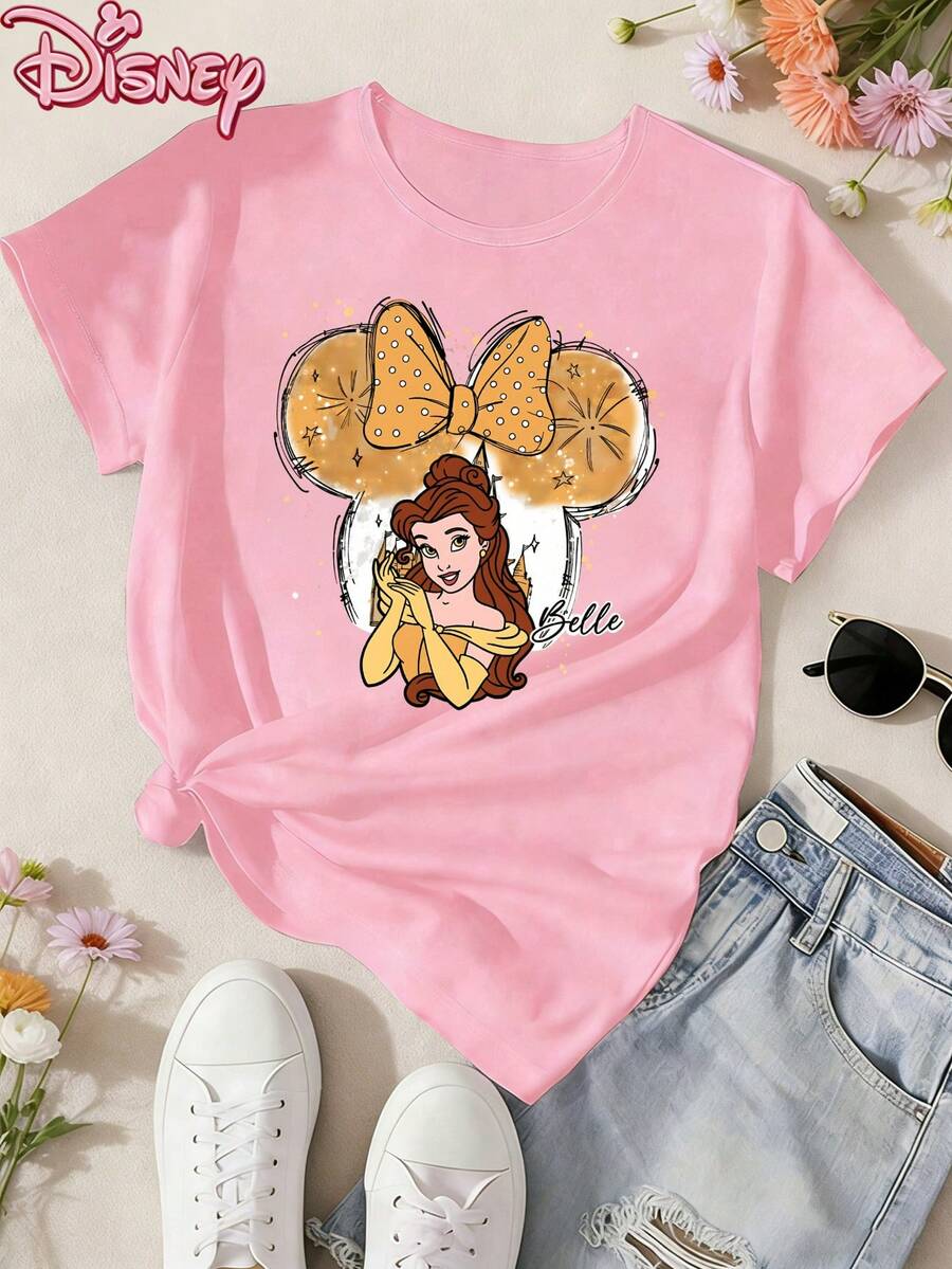 Disney T-Shirt,Disney Ladies T-Shirt Featuring Classic Disney Patterns, Made Of Soft, Comfortable And Durable Fabric. A Spring/Summer Round-Neck Short-Sleeved T-Shirt, Suitable For Daily Wear, Shopping, Traveling And Party Outfits. Also A Wonderful Gift,Multiple Colors Are Available For Selection. - Hồng - Xem 1