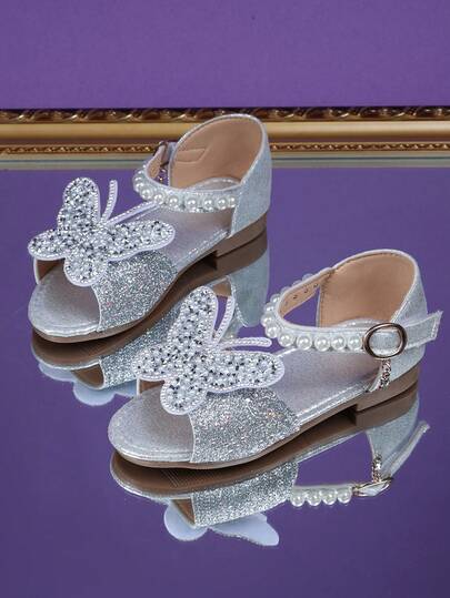 Girls' Fashionable Silver Rhinestone Sandals With Butterfly & Pearl Decor, Easy Slip-On Princess Shoes