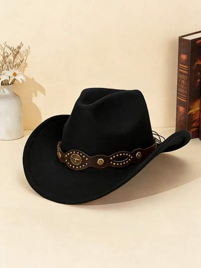1顶男女通用西部牛仔帽，配有可拆卸牛头铆钉皮带装饰，适合日常佩戴、户外表演、派对、音乐节以及作为节日礼物。