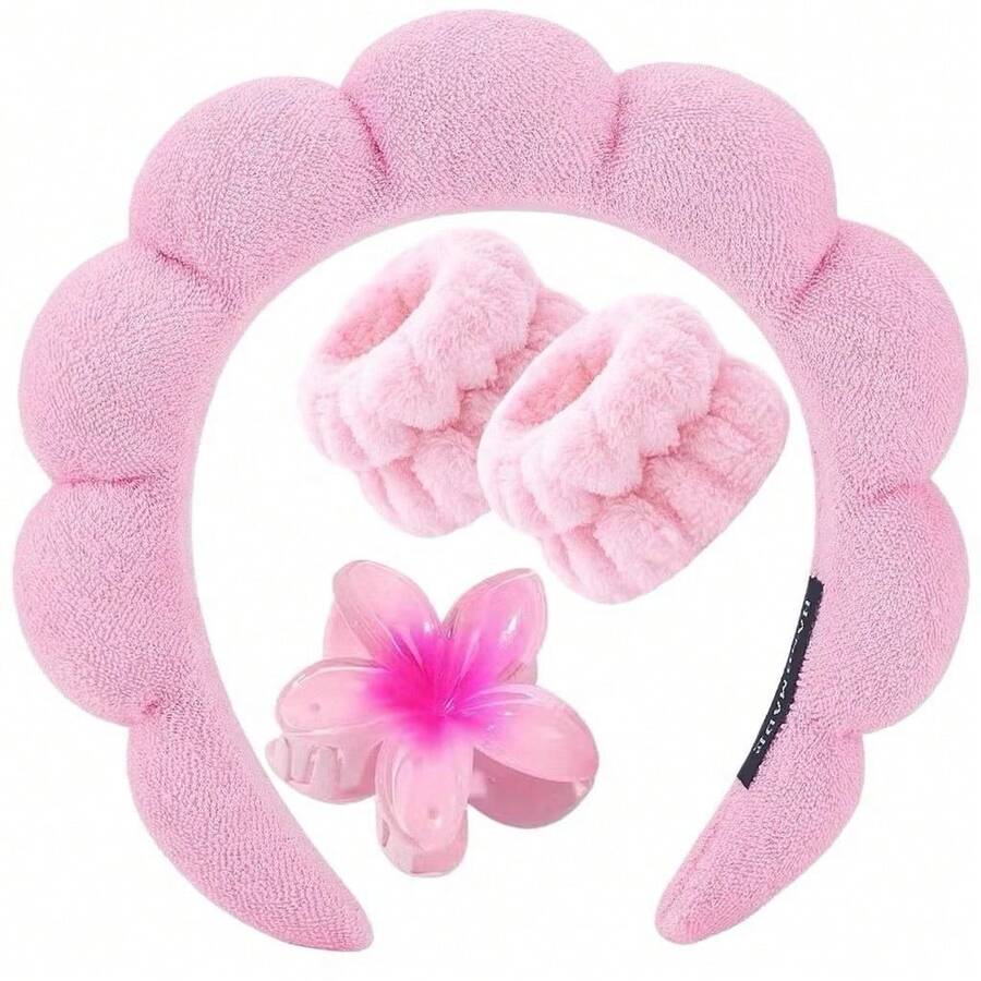 Women's Spa Skincare Accessory Kit - Cloud Tiara, Wristband, Flower Hair Clip - LF25-485 玫瑰 - 查看 1