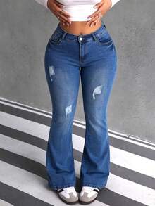 Jeans de Campana de Color Azul Oscuro con Rotos para Mujer, Pantalones Retro y Ajustados - Azul lavado oscuro - Ver 4