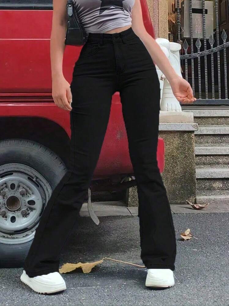 CHILAM Pantalones vaqueros casuales de pierna acampanada y corte holgado con bolsillos para mujeres, Jeans diarios simples de unicolor para mujer, Jesns holgados lavados para mujer - Negro - Añade 4