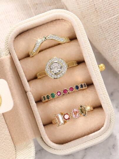 4 Pcs Luxury Cubic Zirconia Rings With Box For Women For Wedding Engagement Anniversary Party Jewelry Valentine's Day Gift