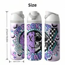 24 Oz Insulated Water Bottlea Spooky Vibes Halloween Skeleton Hand Peace Sign Skull Lightning Bolt Checkerboard Bat Spider Web Graphic Pastel Goth Aesthetic Gift For Women Teens Friends Gothic Spooky Season Party Birthday Present Accessory Decor - 24oz 1pc - 查看 3