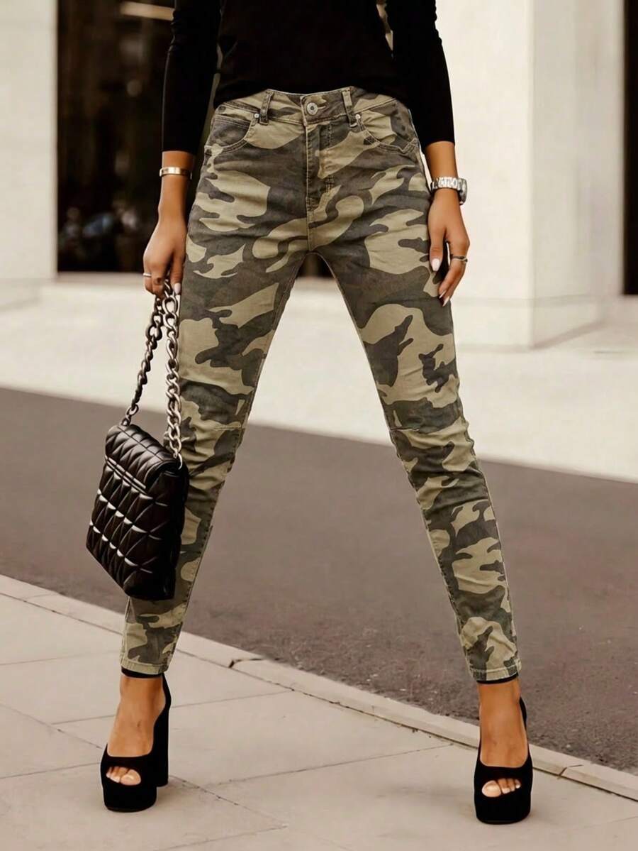 女士牛仔色布迷彩色 寬鬆 抽身口袋彈性 女褲 女式褲子 skinny帶彈性 休閒日常牛仔布 女式迷彩褲子 - 米色迷彩 - 查看 1