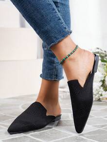 度假风网面透气穆勒鞋，尖头套脚设计，节日派对氛围，成熟时尚休闲通勤鞋，复古中国风鞋款 - 黑色 - 查看 1