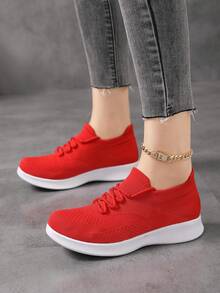 Women's Pure White Slip-On Knit Sneakers, Casual Breathable Dance Shoes - Red - View 4