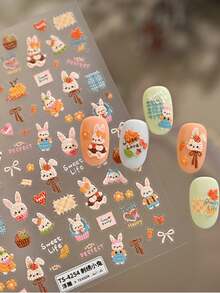 1件田园风刺绣兔子蝴蝶结可爱5D浮雕自粘美甲贴纸兔子胡萝卜南瓜美甲贴花 - 彩色 - 查看 11