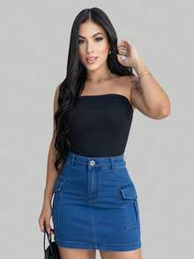 Saia Cargo Jeans Feminina Jeans Com Lycra Cintura Alta Moda blogueirinha  Casual  elegante    Tecido    Bolso  Botão  Zíper    Noite  Feriado  Férias  Praia - Azul - Visão 2