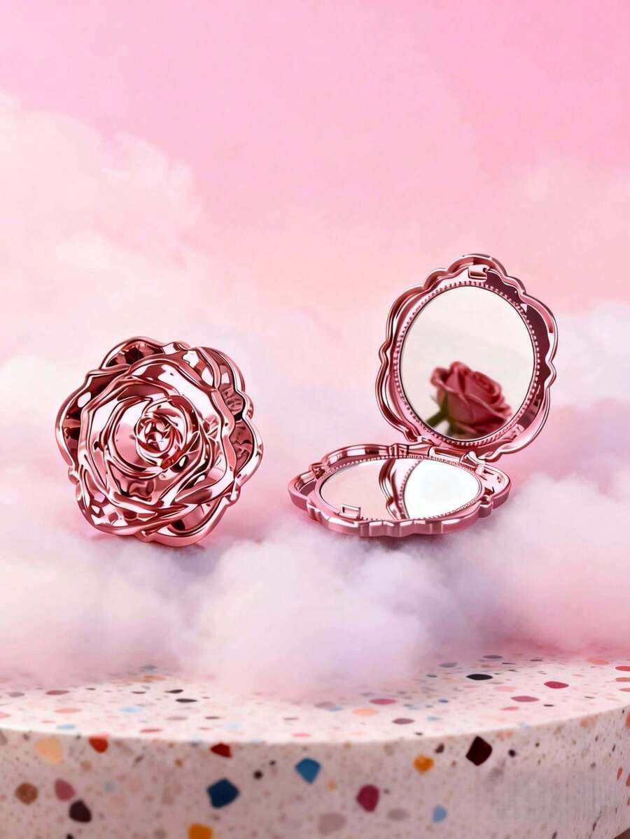 Mini Makeup Mirror, Exquisite Square Folding Makeup Mirror, Rose Pattern Pocket Mirror, Handheld Double-Sided Makeup Mirror, 2X Magnification High-Definition Mirror, Travel Makeup Mirror, Compact Makeup Mirror, Mini Pocket Makeup Mirror, Fashion Accessory, Suitable For Living Room/Home/Bedroom, Perfect Gift For Beloved Mom, Aunt - Multicolor - View 1