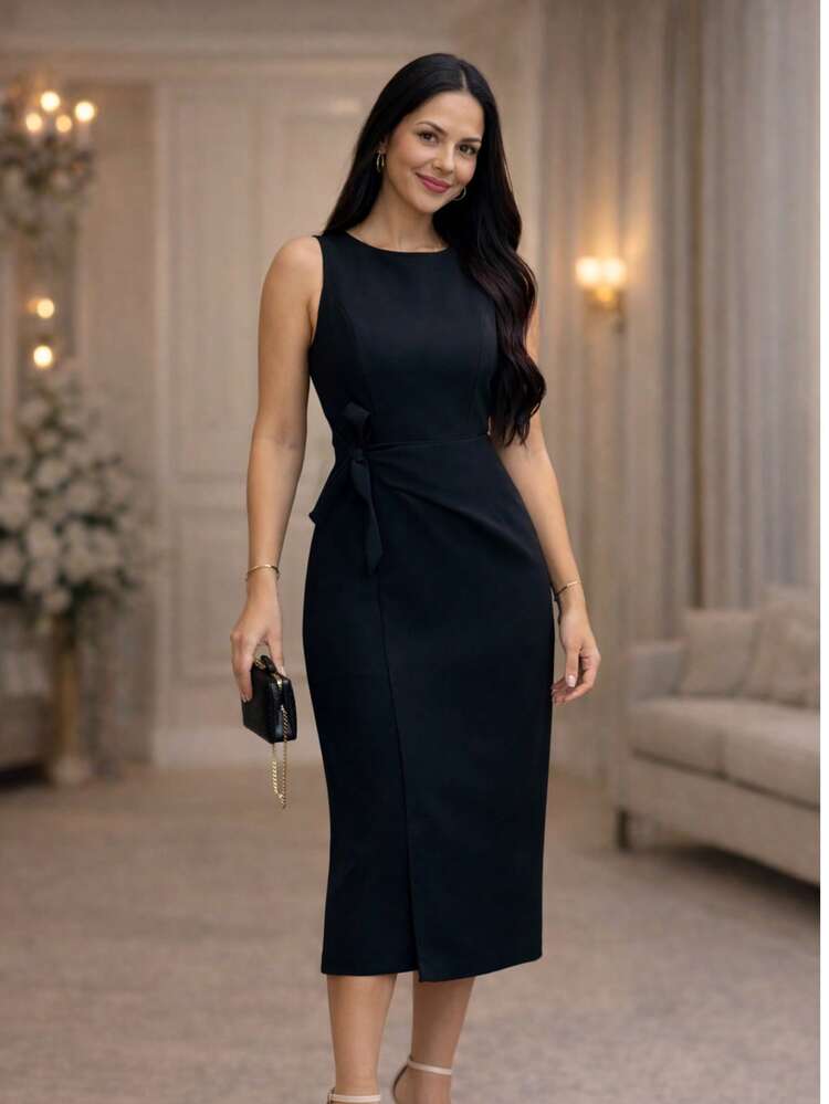 Vestido Midi Feminino de Alfaiataria com Faixa na Cintura – Elegante para Festa, Casamento e Evento Social - Preto - Visão 2