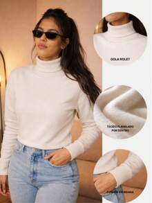 Turtleneck Long Sleeve Flannel Semi Cropped Autumn Winter Sweatshirt Top - 鏽棕色 - 查看 4