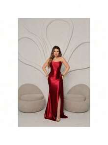 Elegant Satin Strapless Maxi Party Dress With Side Slit And Back Tie - Perfect For Bridesmaids/Graduates - Rượu vang 1 - Xem 2