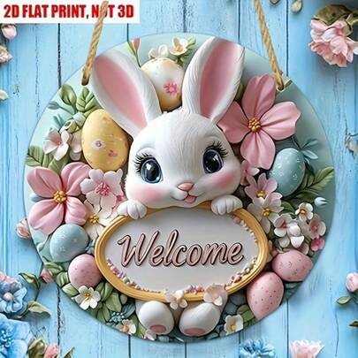 2D Flat, 1pc Acrylic Easter Bunny And Floral Hanging Decor - Adorable White Bunny With Pink Flowers, Eggs And "Welcome" Text, Perfect For Spring Celebrations, Indoor/Outdoor Home Decor, Boho Wall Art. | Vibrant. Suitable For 11 Holidays