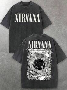 Men's Nirvanas  Face & Decorative Graphic Crew Neck Short Sleeve T-Shirt | Soft Washed Fabric | Grunge Rock Casual Outfits | Mens Graphic Tee Street Fashion - 黑色 - 查看 1