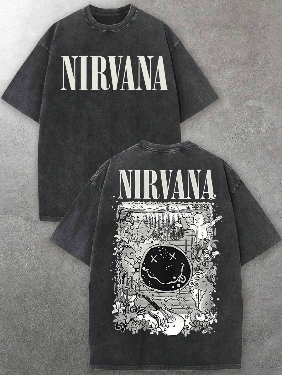 Men's Nirvanas  Face & Decorative Graphic Crew Neck Short Sleeve T-Shirt | Soft Washed Fabric | Grunge Rock Casual Outfits | Mens Graphic Tee Street Fashion - 黑色 - 查看 1