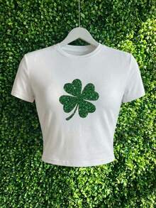 Áo thun nữ tay ngắn cổ tròn dáng ôm in hình cỏ ba lá ngày lễ Thánh Patrick, màu trắng, thích hợp mặc thường ngày mùa xuân/hè. - trắng - Xem 9