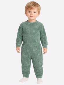 Baby Boy Winter Set: Bodysuit And Fleece Pants With Long Sleeves - 綠貓熊 - 查看 2