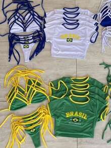 3-Piece Set With Bikini + Cropped Top, Brazil World Cup 2026 Basic Shirt With The Name Of Brazil. - 綠色 - 查看 3