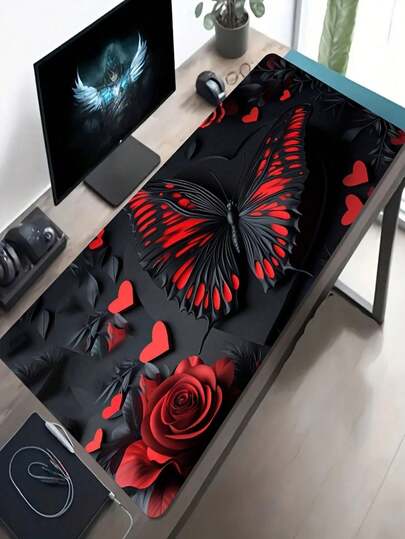 1pc Large Size E-Sports Gaming Mouse Pad, Red & Black Butterfly And Rose Pattern, Non-Slip Washable Rubber Base, Big Desk Mat Office Accessory, Computer Decor Desktop Pad, Ideal Gift For Gamers - Long Desk Mat, Fashionable Office Desk Decoration And Study Accessory