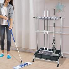 Mop Holder  Movable Floor-Mounted Mop Rack Mobile Cleaning Trolley - Silver - View 3