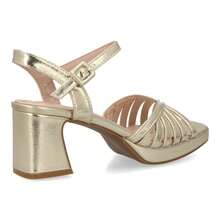 shoes&blues.es Sandalia de tacón ancho con plataforma para mujer, tacón y altura cómodos,  estructura de multi tira y cierre con pulsera ajustable de hebilla en el tobillo. Ideal para eventos - Dorado - Ver 4