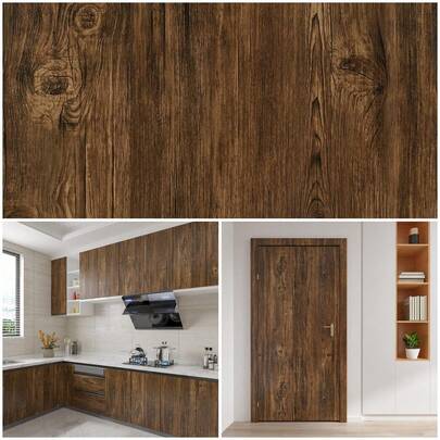 1卷中式自粘木纹壁纸，易撕除，棕色木纹图案，随机拼接，适用于卧室、橱柜、客厅、书桌、家具和门装饰，即撕即贴衣柜翻新贴纸，40厘米*1000/500/300/100厘米