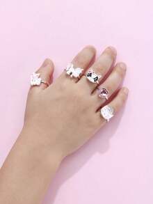 5pcs/Set Zinc Alloy Cat & Unicorn Pink Acrylic Heart Shaped Adjustable Rings, Suitable For Children Daily Wear - one-size - View 6