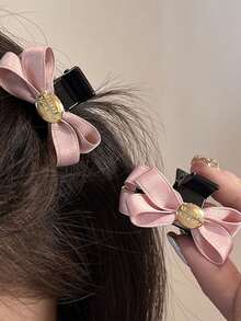 2pcs Cute Girl Bowknot Small Hair Clips, Black & Pink Princess Hair Claws, Bangs Clips, Half-Up Hairstyle Hair Claw, Sweet & Lovely For Daily Wear - Multicolor - View 3