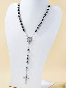 1条6毫米金色和黑色不锈钢圣母玛利亚念珠项链，时尚欧美风格十字架吊坠，适合情侣日常佩戴 - 黑色 - 查看 14