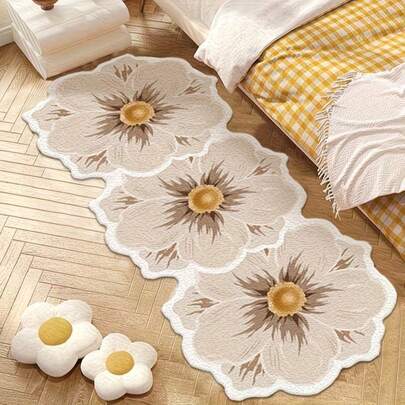 1 pieza Alfombra larga con forma floral, alfombra de dormitorio junto a la cama, felpudo decorativo de estilo Ins de color crema, alfombrilla para los pies de habitación femenina, disponible en varios tamaños, alfombra decorativa, decoración de dormitorio, alfombra pequeña, alfombra, decoración del hogar, alfombra de sala de estar, alfombra pequeña de sala de estar, alfombra de dormitorio, decoración del hogar de sala de estar, alfombra de exterior, alfombra lavable, tamaño irregular, tolerancia de recorte de 1-5 cm