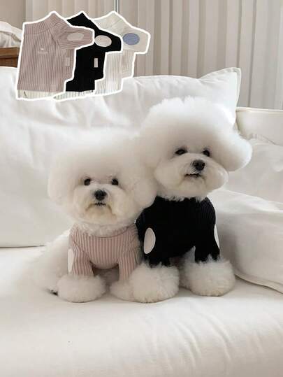 Cute Striped Pet Pajamas, Soft Cotton Blend, Elbow Patch Design For Small Dogs & Cats, Breathable Four-Leg Design Suitable For Indoor Use And Photography