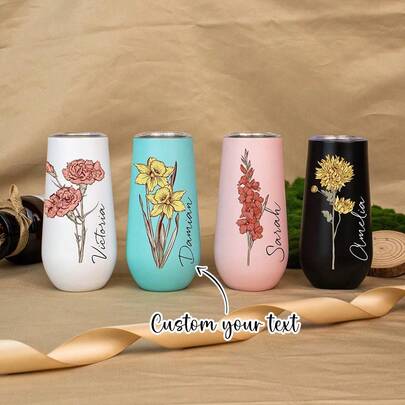 1pc Personalized Birthday Flower Name Stainless Steel Champagne Cup With Lid, Customized Wedding Gift Engraved Coffee Mug, Travel Water Bottle, Party Wine Glass, Water Cup, Fitness Water Bottle, Kitchen Tumbler, Valentine's Day, Christmas Gift