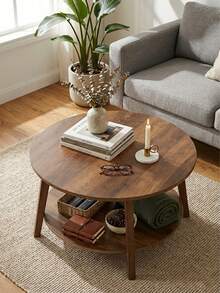 Coffee Table Small Space Round Wooden Coffee Table With 2-Tier Storage Thick Wood Center Table With Tapered Legs And Curved Transitions Modern Circle Table For Home Office Living Room Bed Room, Brown - 棕色 - 查看 2