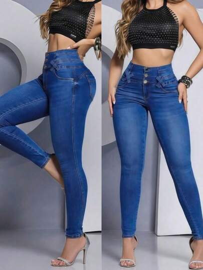 Pantalones skinny vaqueros casuales corte holgado con bolsillos para mujeres, Jeans diarios simples de unicolor para mujer, Jesns holgados lavados para mujer