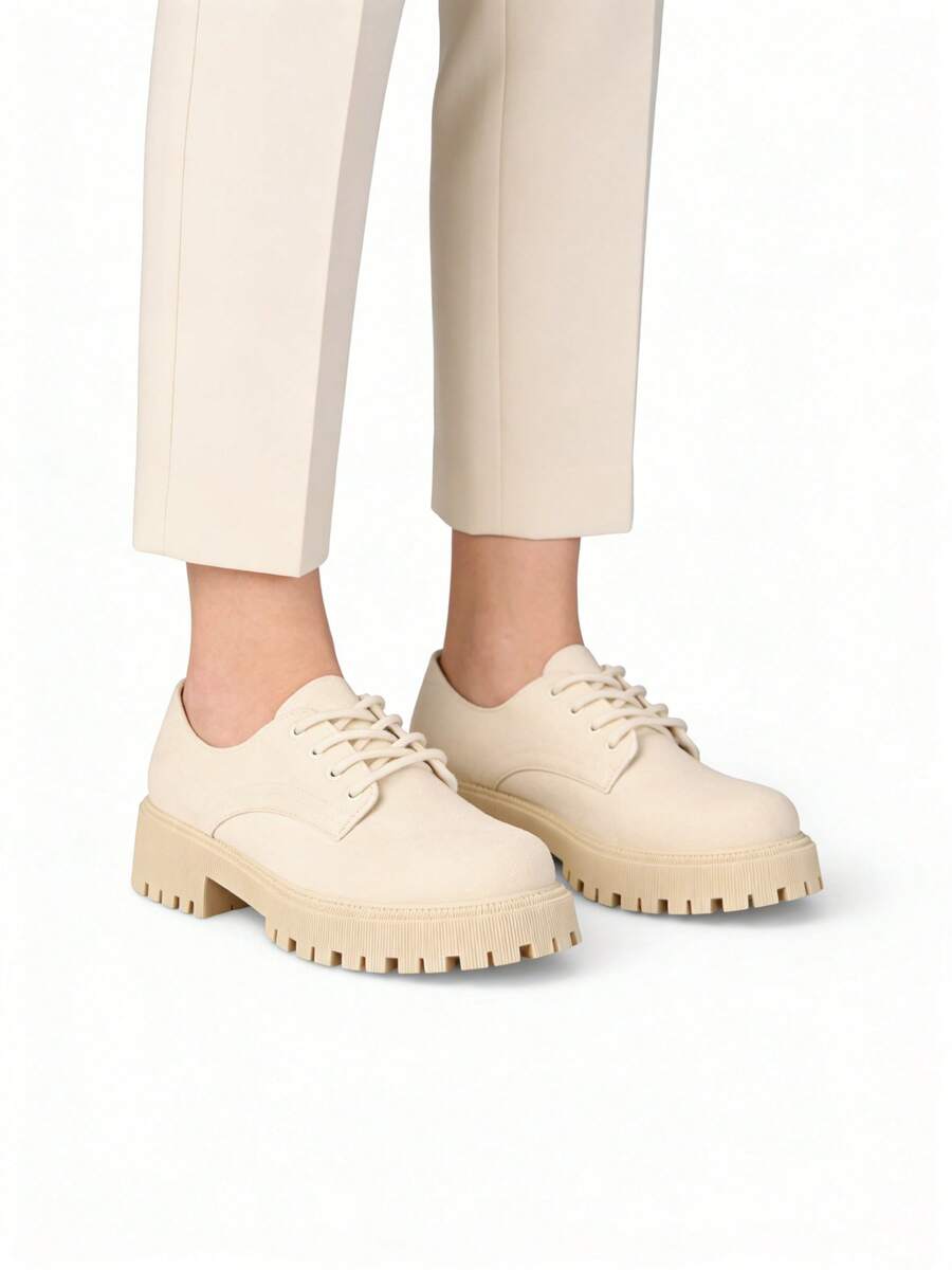 Zapatos Oxford para Mujer con Plataforma y Suela Track Dentada, Cierre con Cordones, Estilo Casual Urbano, Punta Redonda, Zapatos Bajos Tipo Chunky para Oficina, Colegio y Uso Diario, Gamuza Sintética - Beis - Ver 1