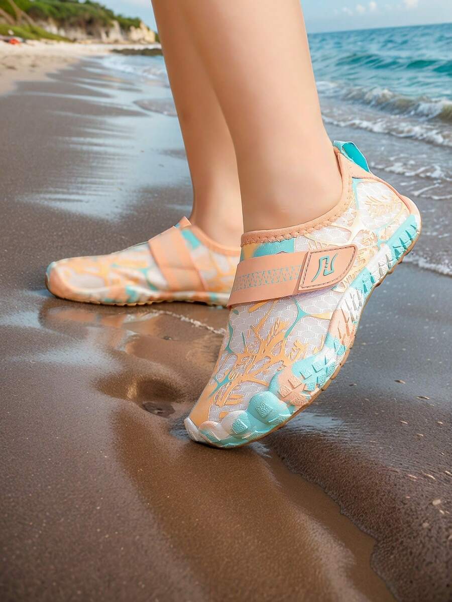 儿童水鞋、女童沙滩凉鞋、女童纯色透气速干游泳鞋、女童薄底赤足水上运动鞋、女童低帮套穿魔术贴装饰户外骑行鞋、室内瑜伽跳绳跑步训练鞋 - 杏色 - 查看 1