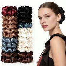 14pcs/7pcs/6pcs Random Dark-Tone Satin Scrunchie Set, Suitable For Ponytail, Bun And Various Hairstyles, Versatile Satin Scrunchies With Rhinestones - Multicolor - View 5