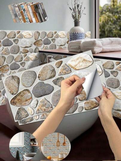 6pcs Vintage Stone Textured Self-Adhesive Wallpaper/Sticker, Waterproof, Scratch-Resistant, Oil-Proof, Mildew-Proof, No Cutting Required, Wall Decor Renovation, Suitable For Kitchen, Bathroom, Bedroom, Furniture, Easy Installation, Retro Stone Design, Vinyl Wallpaper